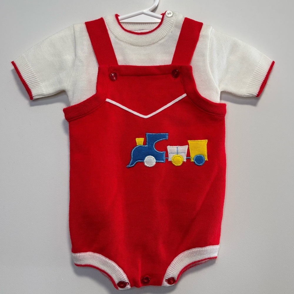 Vintage Croissant Baby Boy Red Shortalls 2 Piece Outfit Train Appliqué 6-9 Month